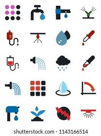 Color and black flat icon set - crisis graph vector, watering, water drop, rain, drip irrigation, dropper, menu, supply, sprinkler