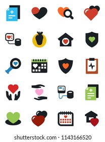 Color and black flat icon set - heart vector, diagnosis, blood pressure, diagnostic, shield, hand, real, medical calendar, pulse clipboard, sweet home
