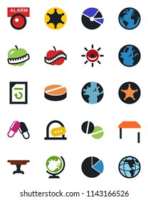 Color and black flat icon set - ticket office vector, globe, document reload, pills, diet, earth, pie graph, table, police, alarm led