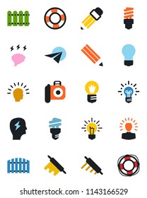 Color and black flat icon set - brainstorm vector, bulb, camera, pencil, fence, rolling pin, energy saving, shining head, idea, paper plane, crisis management