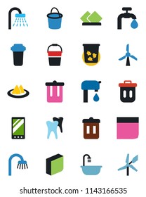 Color and black flat icon set - trash bin vector, shower, bucket, tooth, mobile, blank box, water supply, bathroom, serviette, filter, windmill