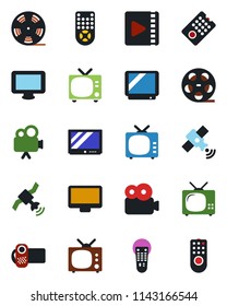 Color and black flat icon set - tv vector, reel, satellite, video camera, remote control, monitor