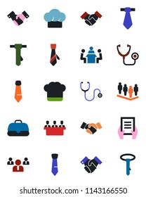Color and black flat icon set - handshake vector, team, tie, document, stethoscope, meeting, cook hat, case