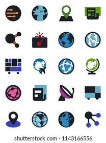Color and black flat icon set - satellite antenna vector, bomb in case, globe, plane, earth, pin, consolidated cargo, network, share, news, social media