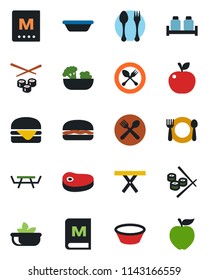 Color and black flat icon set - spoon and fork vector, picnic table, cafe, menu, salad, salt pepper, steak, hamburger, bowl, sushi, apple fruit