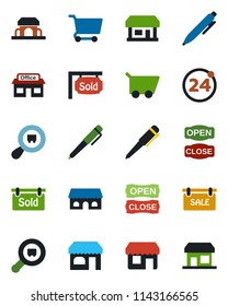 Color and black flat icon set - 24 around vector, shop, pen, store, search cargo, sale, sold signboard, cafe building, open close, cart, storefront