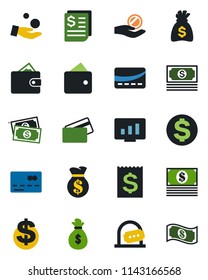 Color and black flat icon set - credit card vector, ticket office, dollar sign, money bag, statistic monitor, cash, receipt, wallet, investment