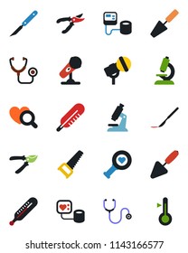 Color and black flat icon set - trowel vector, pruner, saw, stethoscope, blood pressure, thermometer, heart diagnostic, microscope, scalpel, microphone