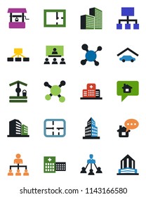 Color and black flat icon set - hierarchy vector, well, molecule, hospital, office building, garage, plan, home message