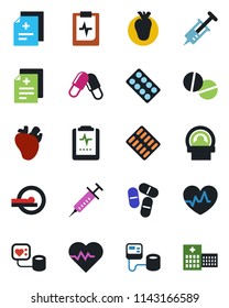 Color and black flat icon set - heart pulse vector, diagnosis, syringe, blood pressure, pills, blister, tomography, real, clipboard, hospital