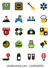 Color and black flat icon set - radar vector, job, printer, doctor case, blood test vial, ampoule, patch, hospital bed, heavy scales, microphone, gamepad, scanner, application, beer, salt and pepper