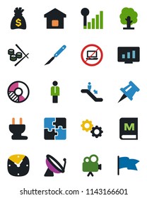 Color and black flat icon set - satellite antenna vector, escalator, no laptop, manager, money bag, statistic monitor, circle chart, tree, scalpel, video camera, clock, cellular signal, application