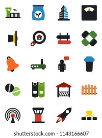 Color and black flat icon set - airport tower vector, signpost, building, speaking man, book, fence, fertilizer, scales, pills, patch, antenna, speaker, bell, office, estate search, alcove, router
