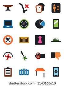 Color and black flat icon set - spoon and fork vector, elevator, female, ripper, clock, no trolley, barcode, video camera, laptop pc, finger down, mobile, clipboard, pie graph, mountains, fence