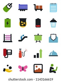 Color and black flat icon set - escalator vector, trash bin, growth statistic, notepad, presentation board, butterfly, garden light, sprayer, truck trailer, cargo, low battery, mail, rca, gallery
