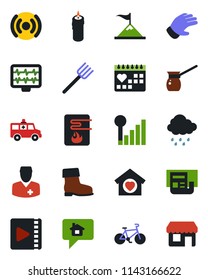 Color and black flat icon set - farm fork vector, glove, boot, rain, monitor pulse, ambulance car, bike, medical calendar, doctor, video, cellular signal, news, sweet home, candle, turkish coffee