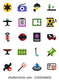 Color and black flat icon set - escalator vector, passport, left arrow, drawing pin, farm fork, satellite, clipboard, no hook, radio, hr, fence, plan, table, moving, restaurant, waiter, ladle, water