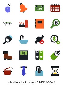 Color and black flat icon set - book vector, mouse, calendar, boot, picnic table, scales, satellite, rca, hdmi, bell, copybook, paper clip, rent, bathroom, factory, steaming pan, money search, tie