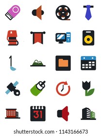 Color and black flat icon set - satellite vector, tulip, reel, speaker, rca, folder, calendar, book, mountains, office building, ladle, pc, sound, usb flash, clock, pennon, tie