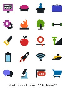 Color and black flat icon set - waiting area vector, reception, case, tree, saw, monitor pulse, microscope, barbell, sea shipping, flammable, battery, message, settings, wireless, brightness, rocket