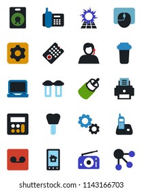 Color and black flat icon set - mouse vector, implant, office phone, support, radio, laptop pc, speaker, rca, settings, calculator, record, printer, remote control, home app, water filter, sun panel