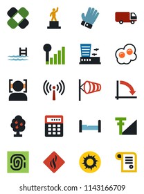 Color and black flat icon set - antenna vector, wind, airport building, pedestal, crisis graph, glove, sun, patch, car delivery, face id, cellular signal, pool, fruit tree, bedroom, omelette