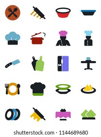 Color and black flat icon set - fridge vector, cook, restaurant table, serviette, cafe, hat, plates, bowl, rolling pin, cutting board, knife, steaming pan