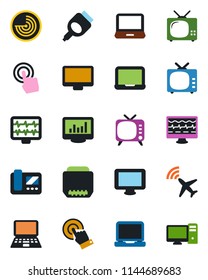 Color and black flat icon set - plane radar vector, notebook pc, monitor pulse, tv, touch screen, laptop, hdmi, statistics, intercome