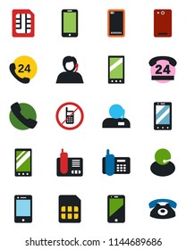 Color and black flat icon set - no mobile vector, phone, office, 24 hours, support, cell, radio, back, call, sim