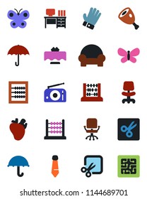 Color and black flat icon set - office chair vector, abacus, desk, tie, glove, butterfly, real heart, umbrella, radio, cut, cushioned furniture, restaurant table, ham, chip