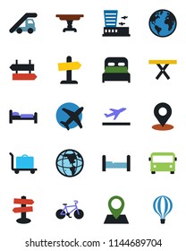 Color and black flat icon set - departure vector, baggage trolley, airport bus, signpost, bed, ladder car, building, picnic table, bike, earth, pin, plane, place tag, bedroom, guidepost, air balloon