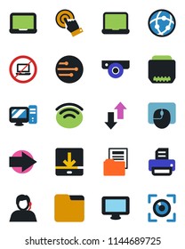Color and black flat icon set - no laptop vector, right arrow, mouse, notebook pc, printer, support, touch screen, monitor, hdmi, network, folder, data exchange, download, wireless, document