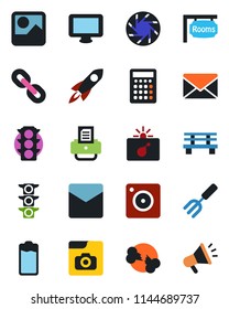 Color and black flat icon set - bomb in case vector, mail, printer, garden fork, bench, broken bone, traffic light, monitor, chain, battery, mobile camera, gallery, photo, rooms, rocket, calculator