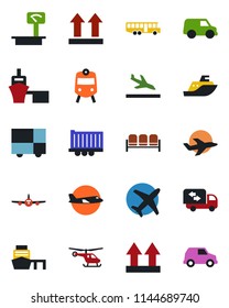 Color and black flat icon set - arrival vector, airport bus, train, waiting area, plane, helicopter, sea shipping, truck trailer, port, consolidated cargo, up side sign, heavy scales, moving, car