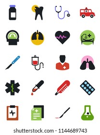 Color and black flat icon set - heart pulse vector, diagnosis, stethoscope, dropper, thermometer, pills blister, ampoule, scalpel, tomography, ambulance star, car, hospital bed, lungs, caries, flask
