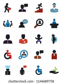 Color and black flat icon set - baby vector, reception, speaking man, disabled, doctor, pregnancy, speaker, meeting, manager, career ladder, estate agent, waiter, cook, consumer search, palm sproute