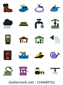 Color and black flat icon set - watering can vector, boot, rain, well, hose, pond, sea shipping, port, warehouse, pool, water supply, drink, heater, warm floor, sprinkler