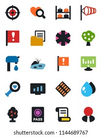 Color and black flat icon set - passport vector, wind, luggage storage, statistic monitor, contract, water drop, heart diagnostic, pills blister, ambulance star, important flag, folder document