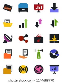 Color and black flat icon set - antenna vector, satellite, bomb in case, growth statistic, document, folder, barcode, network, data exchange, download, pie graph, archive box, wireless, social media