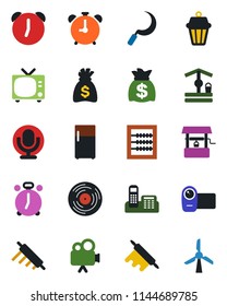 Color and black flat icon set - alarm clock vector, tv, money bag, well, sickle, vinyl, video camera, microphone, abacus, office phone, rolling pin, outdoor lamp, fridge, windmill