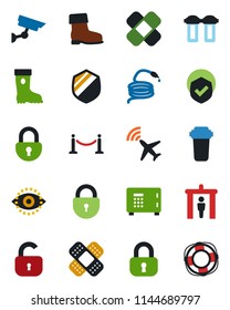 Color and black flat icon set - plane radar vector, fence, security gate, safe, lock, boot, hose, patch, shield, eye id, water filter, surveillance, crisis management