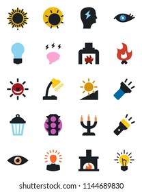 Color and black flat icon set - sun vector, brainstorm, bulb, fire, garden light, eye, traffic, torch, brightness, desk lamp, fireplace, candle, alarm led, shining head, idea