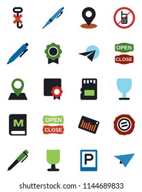 Color and black flat icon set - parking vector, no mobile, pen, stamp, pin, fragile, hook, barcode, sd, place tag, sertificate, menu, open close, paper plane