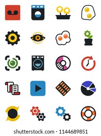 Color and black flat icon set - gear vector, contract, circle chart, pills blister, play button, record, eye id, update, pie graph, washer, flower in pot, omelette, clock, crisis management
