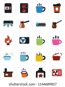 Color and black flat icon set - hot cup vector, coffee machine, fire, fireplace, air conditioner, steaming pan, turkish, water heater