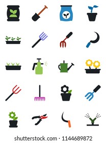 Color and black flat icon set - flower in pot vector, garden fork, shovel, farm, rake, seedling, watering can, pruner, sickle, sprayer, fertilizer, irrigation