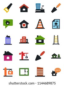 Color and black flat icon set - border cone vector, airport building, trowel, ladder, saw, house, hospital, with tree, plan, estate document, sweet home, city, crane, message