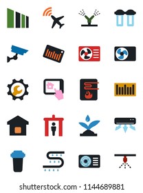 Color and black flat icon set - plane radar vector, security gate, drip irrigation, sorting, barcode, root setup, air conditioner, smart home, water heater, control app, filter, surveillance