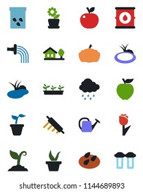 Color and black flat icon set - seedling vector, watering can, sproute, rain, pumpkin, seeds, pond, tulip, oil barrel, house with tree, flower in pot, rolling pin, apple fruit, water filter