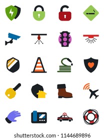Color and black flat icon set - plane radar vector, smoking place, alarm car, border cone, lock, glove, boot, hose, heart shield, traffic light, protect, key, intercome, home, surveillance